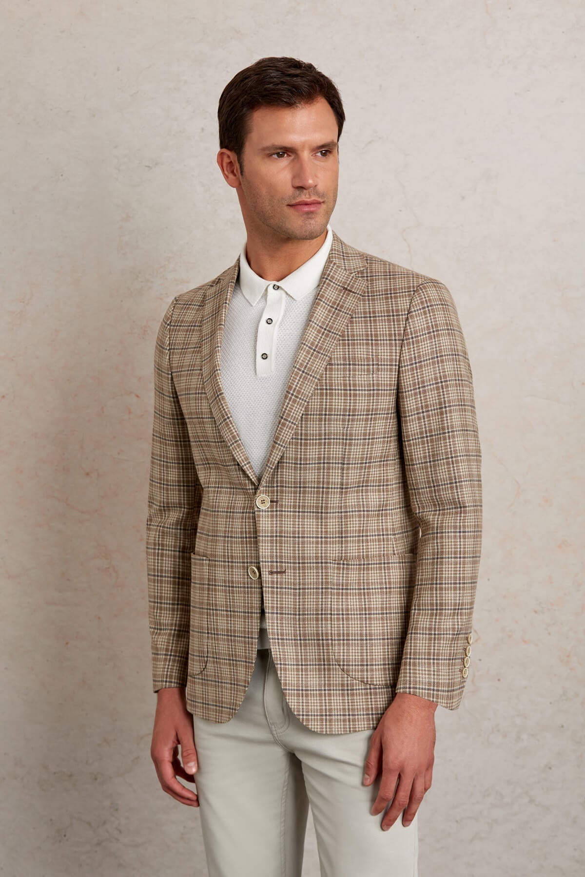 Slim Fit Notch Lapel Plaid Brown Casual Blazer - SAYKI