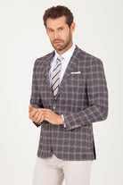 Slim Fit Notch Lapel Plaid Burgundy Classic Blazer - SAYKI