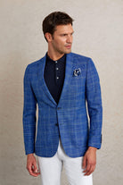 Slim Fit Notch Lapel Plaid Dark Blue Casual Blazer - SAYKI