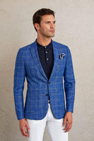 Slim Fit Notch Lapel Plaid Dark Blue Casual Blazer - SAYKI