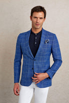 Slim Fit Notch Lapel Plaid Dark Blue Casual Blazer - SAYKI