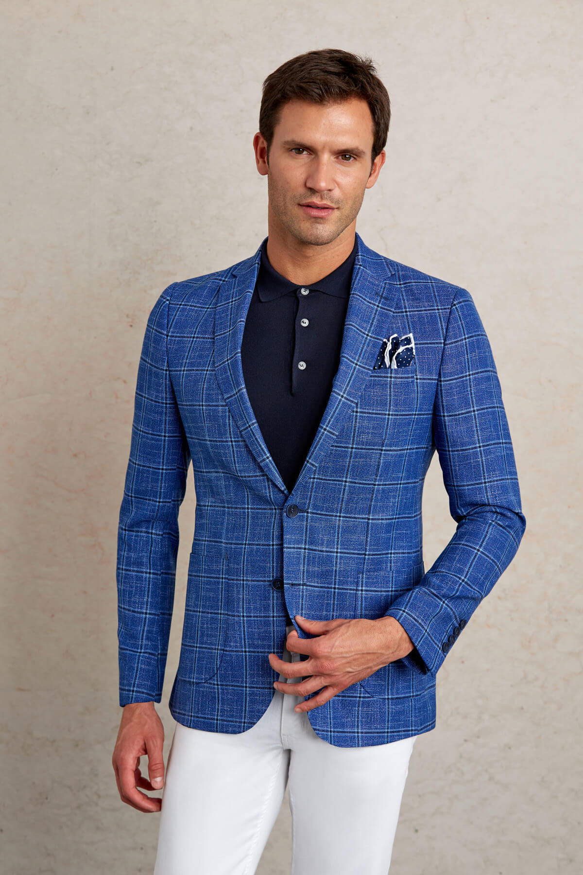 Slim Fit Notch Lapel Plaid Dark Blue Casual Blazer - SAYKI