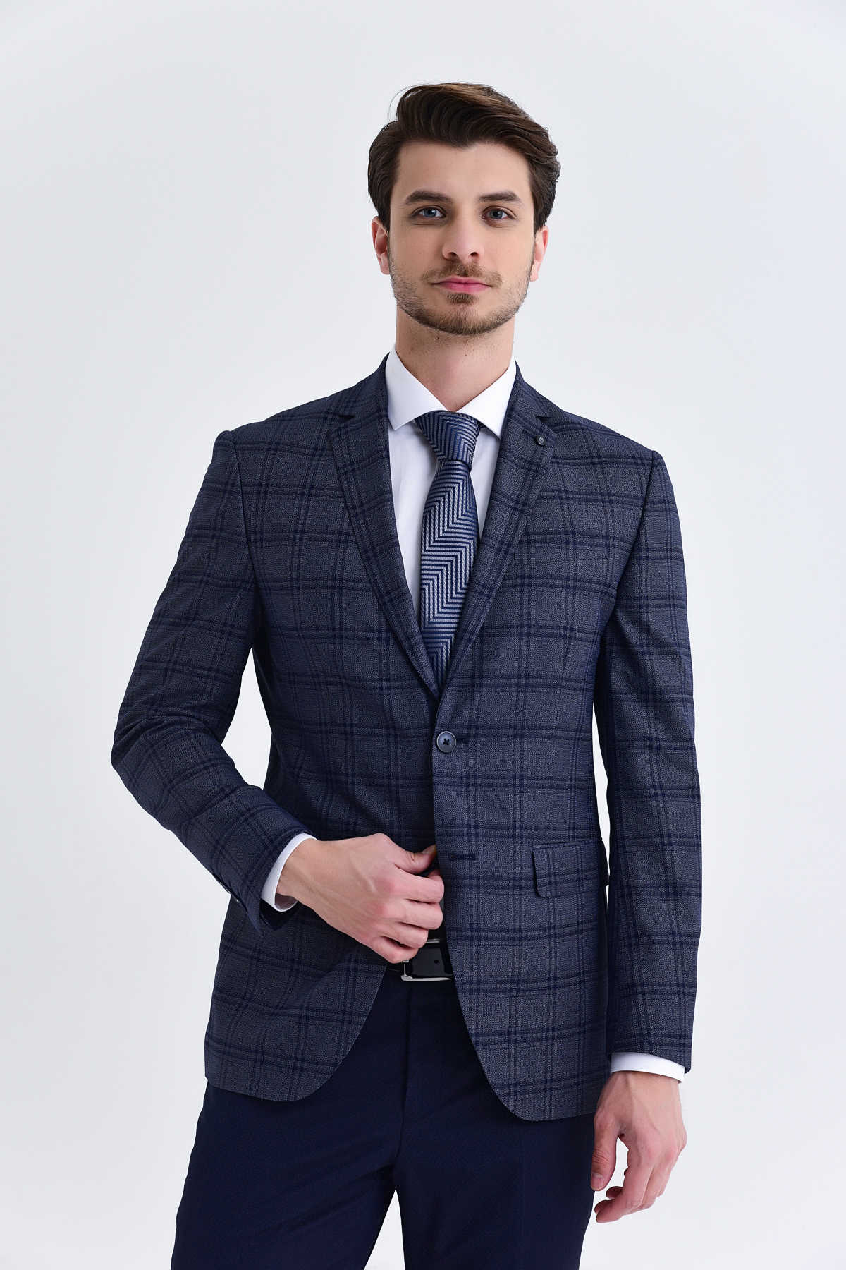 Slim Fit Notch Lapel Plaid Dark Navy Casual Suit - MIB