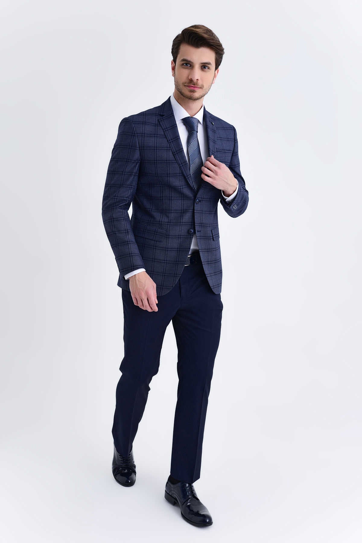 Slim Fit Notch Lapel Plaid Dark Navy Casual Suit - MIB