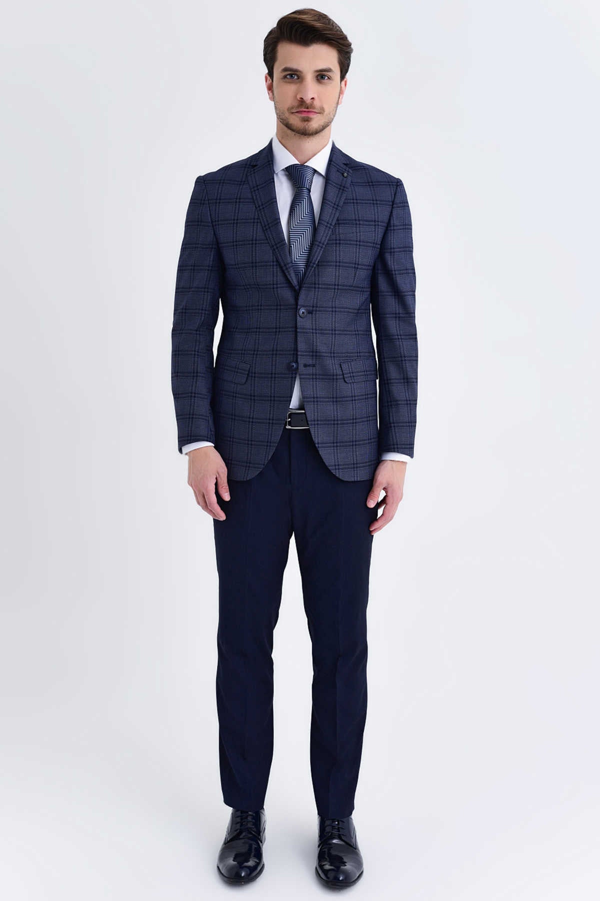 Slim Fit Notch Lapel Plaid Dark Navy Casual Suit - MIB