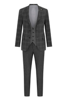 Slim Fit Notch Lapel Plaid Gray Casual Suit with Vest - MIB