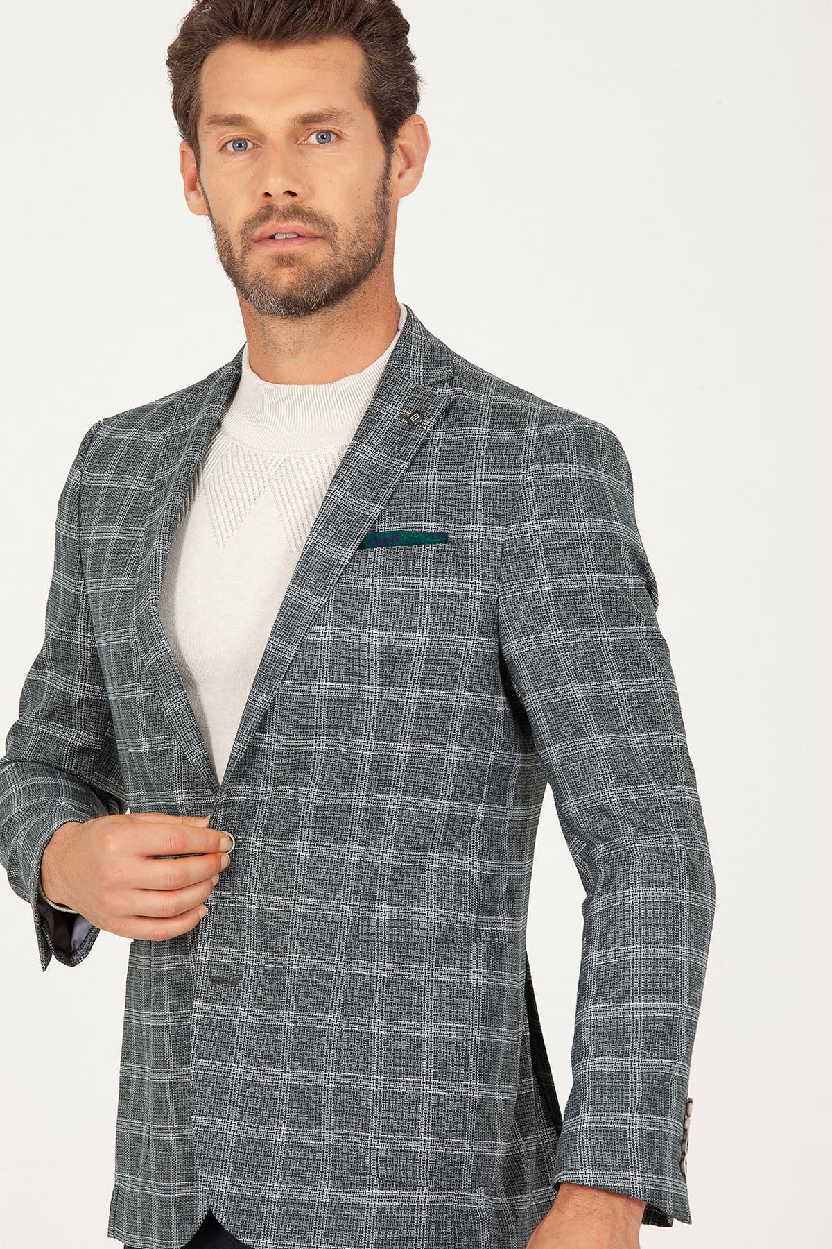 Slim Fit Notch Lapel Plaid Green Classic Blazer - SAYKI