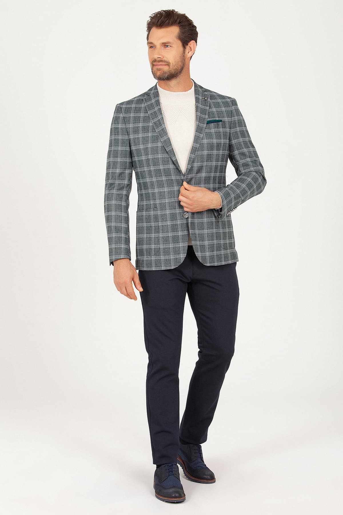 Slim Fit Notch Lapel Plaid Green Classic Blazer - SAYKI