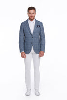 Slim Fit Notch Lapel Plaid Linen Blue Classic Blazer - SAYKI