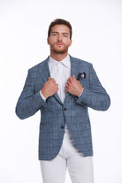 Slim Fit Notch Lapel Plaid Linen Blue Classic Blazer - SAYKI