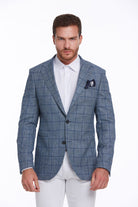 Slim Fit Notch Lapel Plaid Linen Blue Classic Blazer - SAYKI