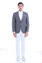 Slim Fit Notch Lapel Plaid Linen Navy Classic Blazer - SAYKI