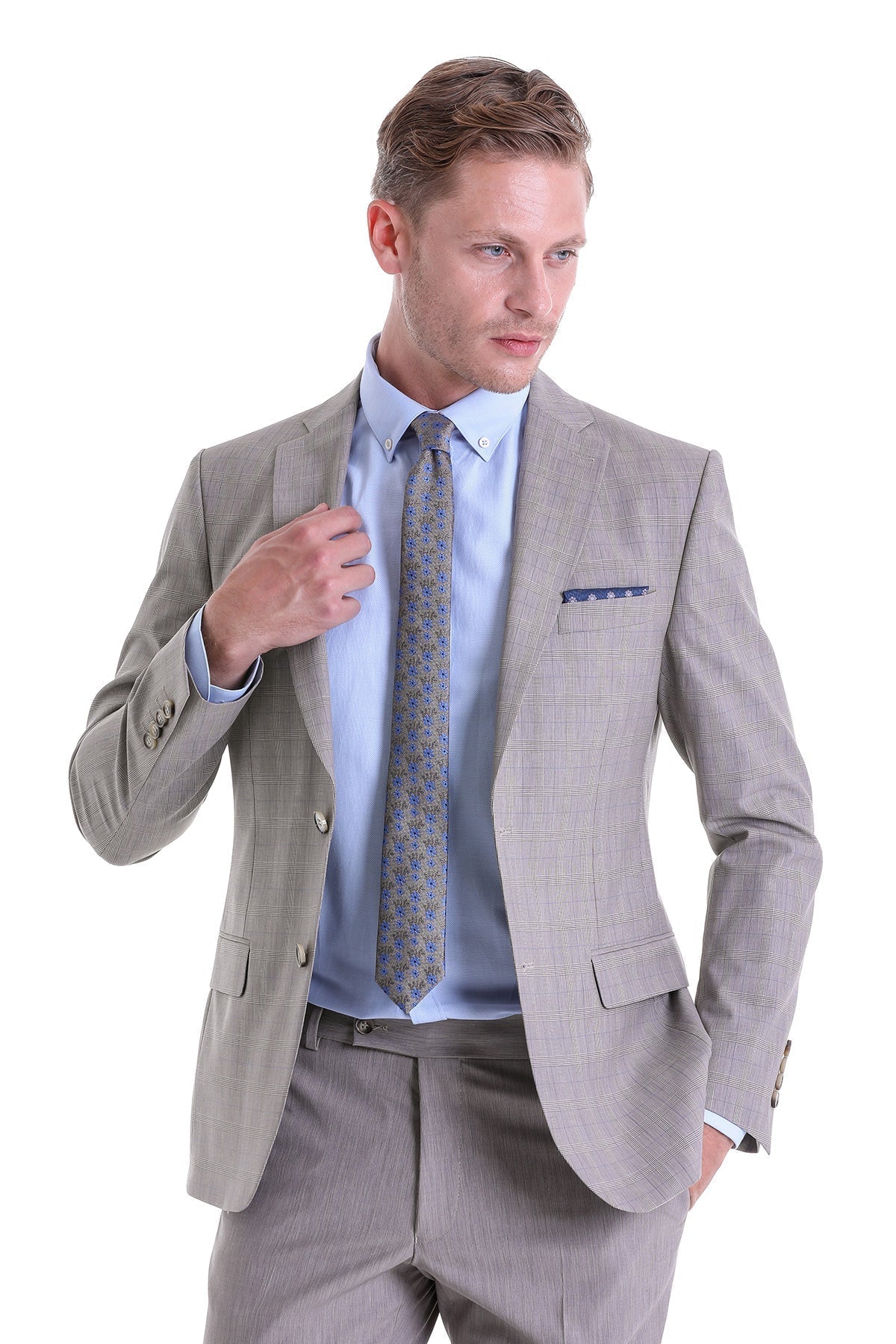 Slim Fit Notch Lapel Plaid Wool Blend Beige Casual Suit