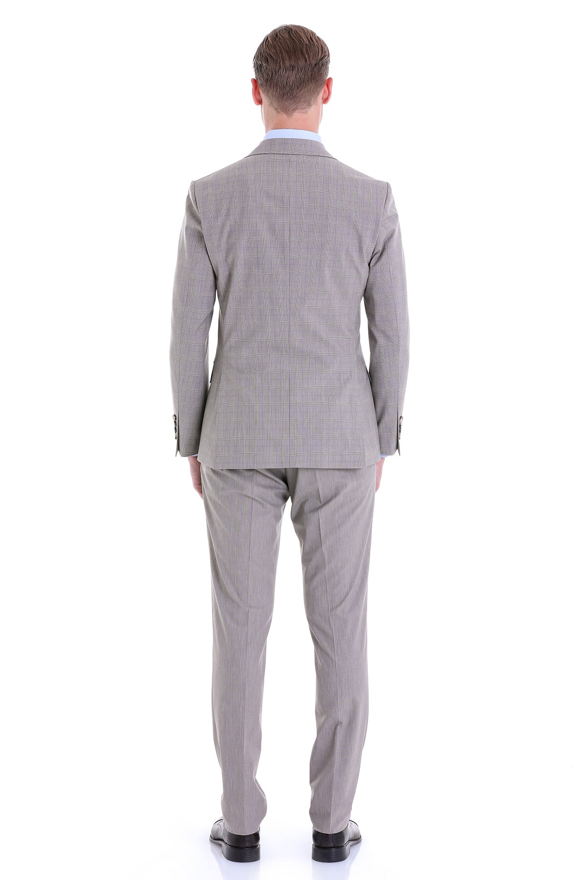 Slim Fit Notch Lapel Plaid Wool Blend Beige Casual Suit