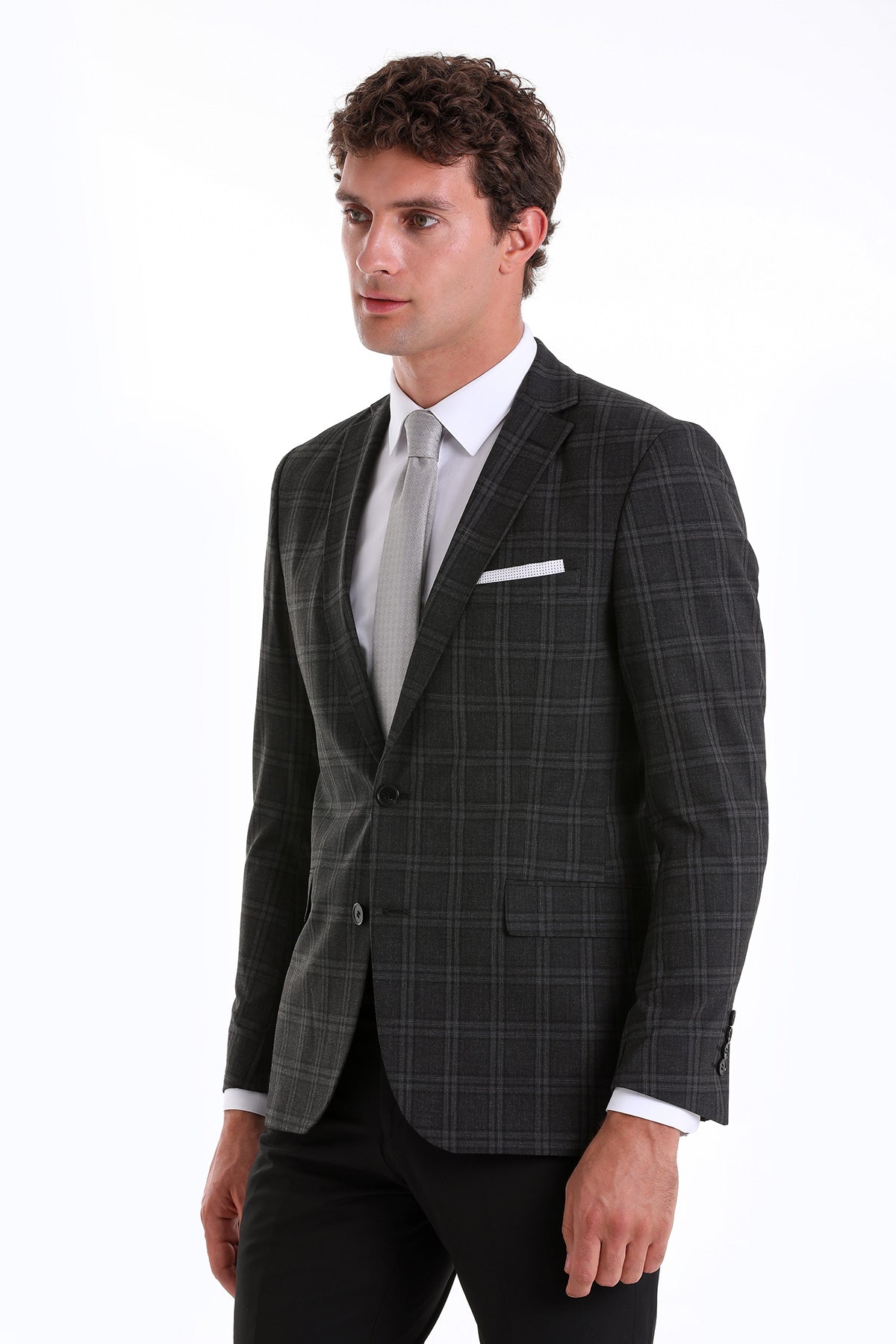 Slim Fit Notch Lapel Plaid Wool Blend Charcoal Casual Suit