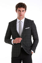 Slim Fit Notch Lapel Plaid Wool Blend Charcoal Casual Suit