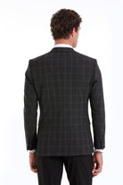 Slim Fit Notch Lapel Plaid Wool Blend Charcoal Casual Suit