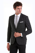 Slim Fit Notch Lapel Plaid Wool Blend Charcoal Casual Suit