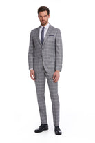 Slim Fit Notch Lapel Plaid Wool Blend Dark Gray Classic