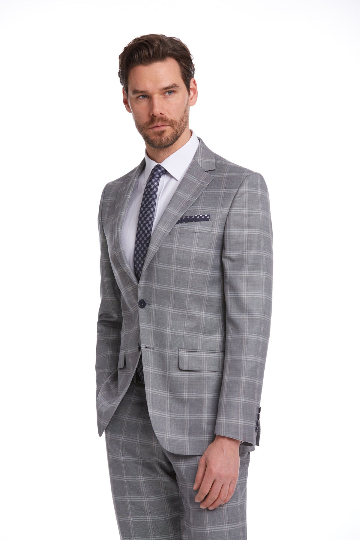 Slim Fit Notch Lapel Plaid Wool Blend Dark Gray Classic