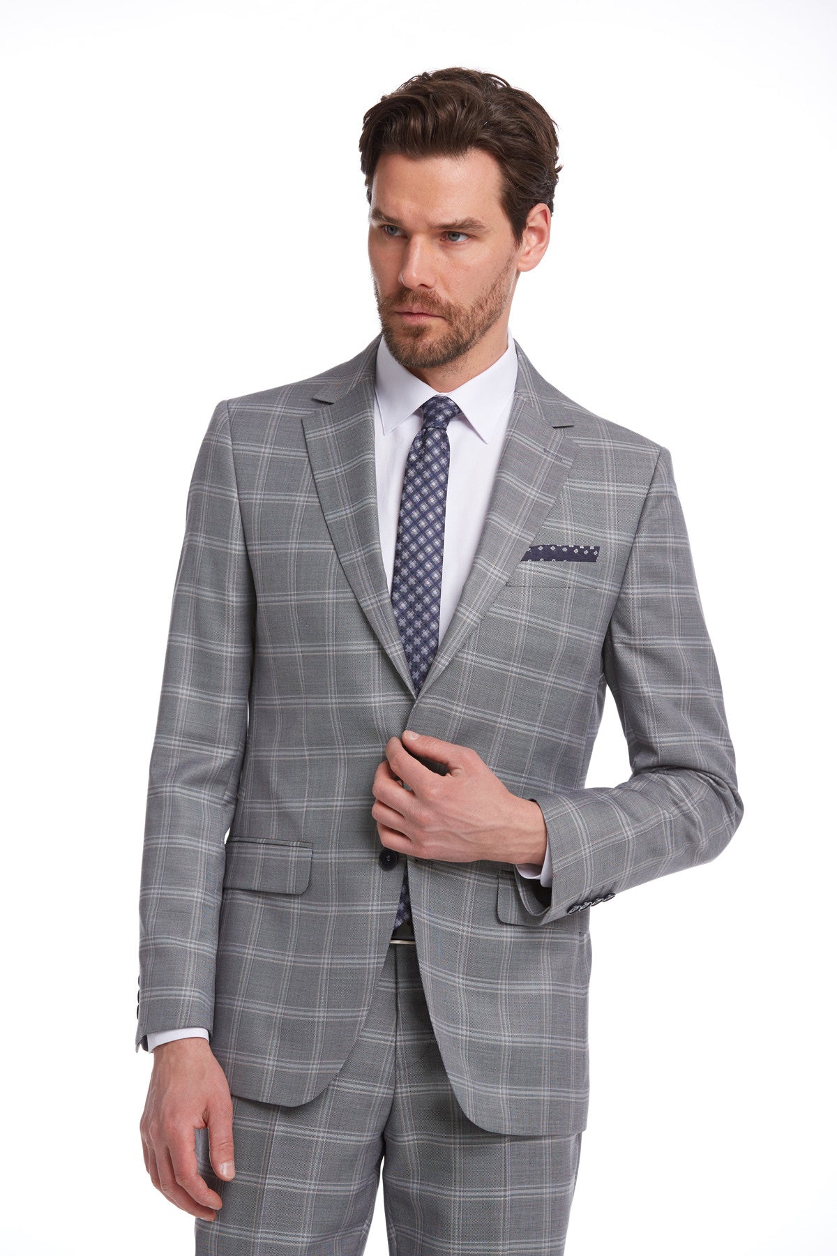 Slim Fit Notch Lapel Plaid Wool Blend Dark Gray Classic