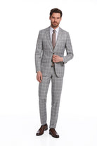 Slim Fit Notch Lapel Plaid Wool Blend Gray Classic Suit