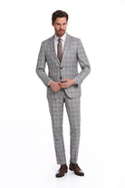 Slim Fit Notch Lapel Plaid Wool Blend Gray Classic Suit