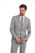 Slim Fit Notch Lapel Plaid Wool Blend Gray Classic Suit