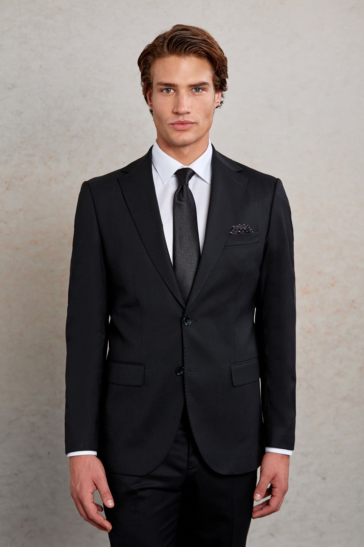 Slim Fit Notch Lapel Plain Black Wool Blend Classic Suit