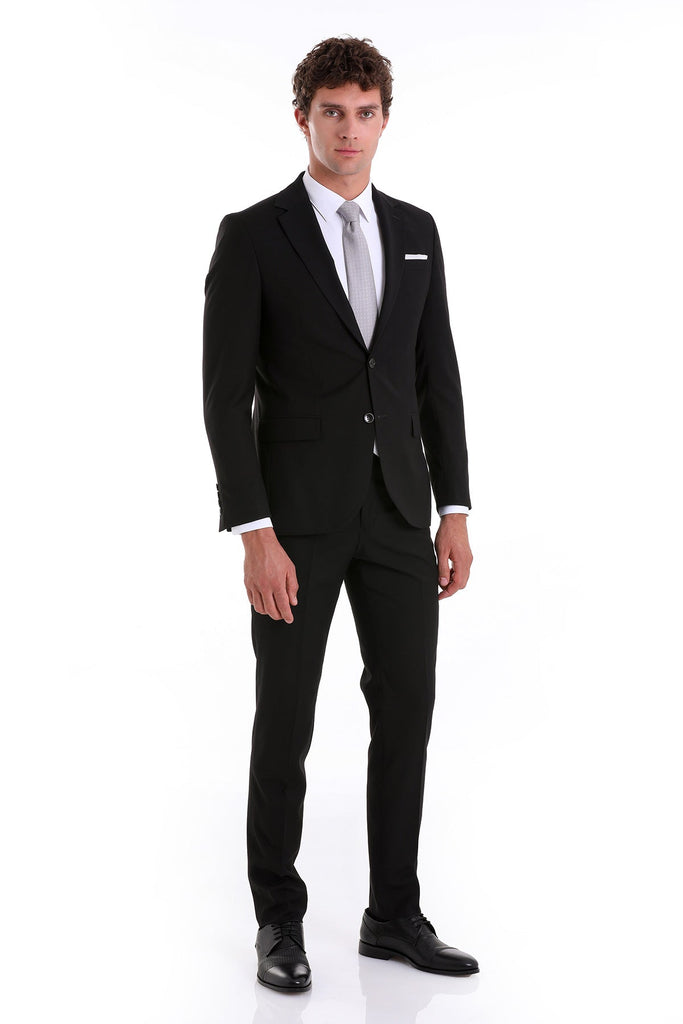 Slim Fit Notch Lapel Plain Classic Suit Black - MIB