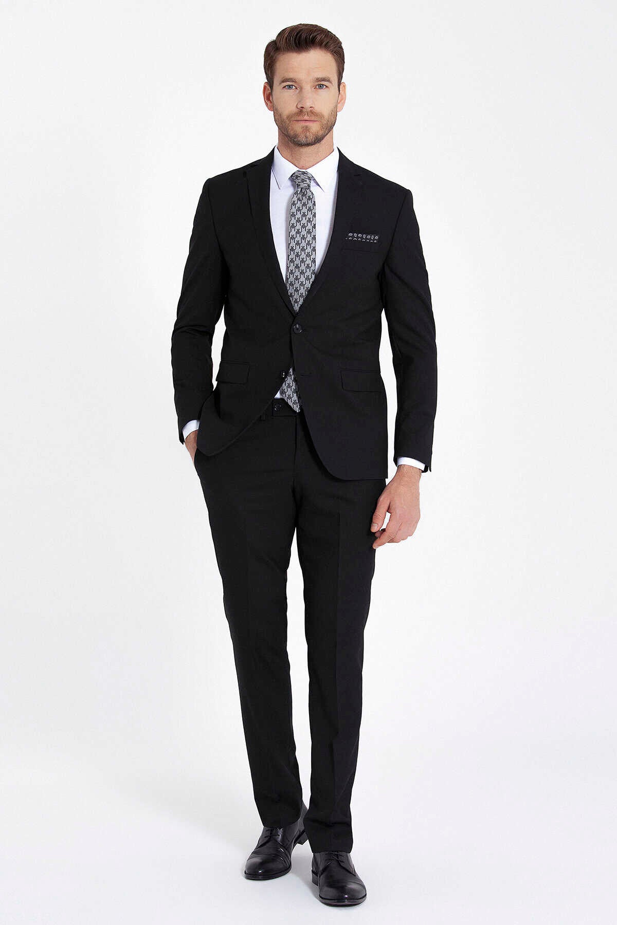 Slim Fit Notch Lapel Plain Classic Suit Black - MIB