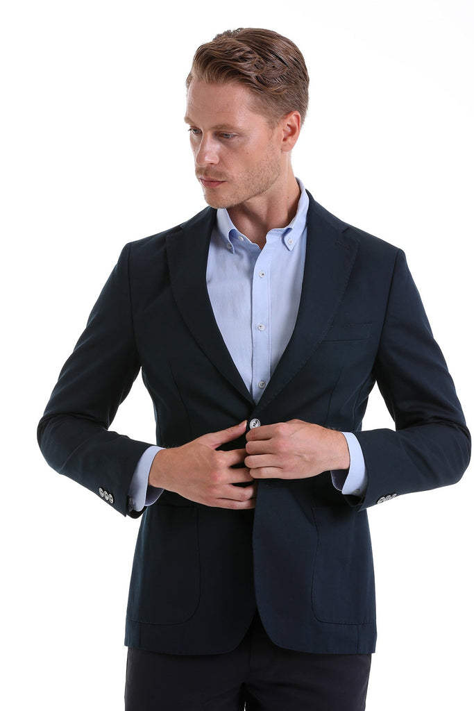 Slim Fit Notch Lapel Plain Linen Navy Casual Blazer Navy