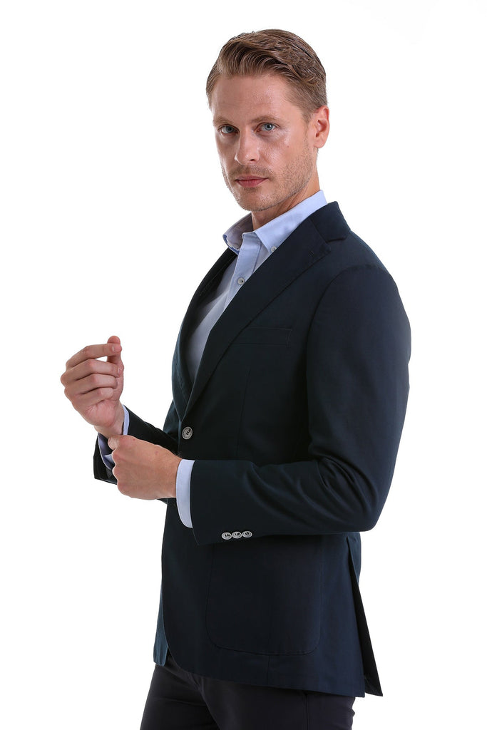 Slim Fit Notch Lapel Plain Linen Navy Casual Blazer Navy