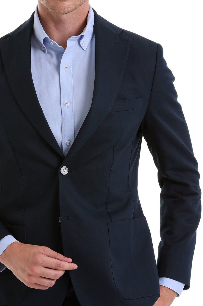 Slim Fit Notch Lapel Plain Linen Navy Casual Blazer Navy