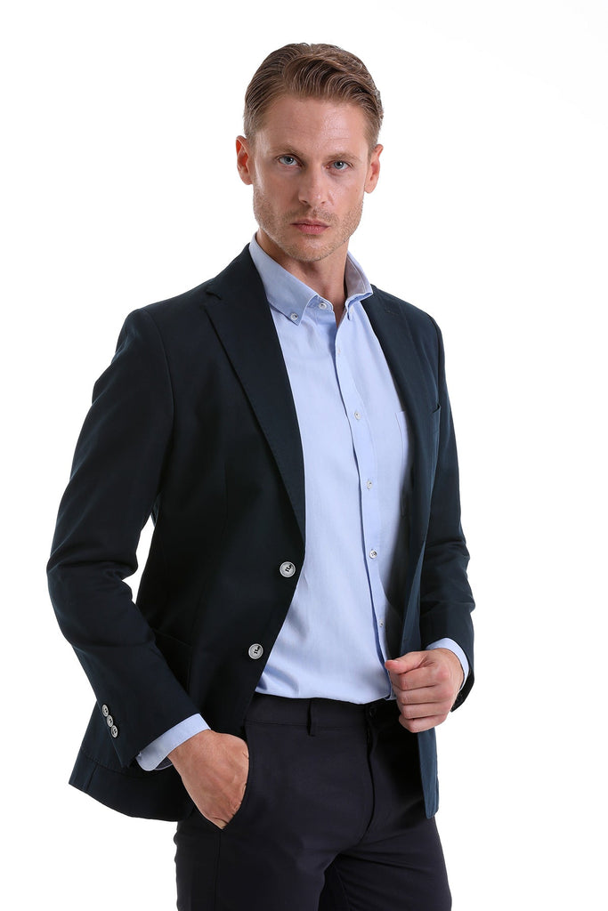 Slim Fit Notch Lapel Plain Linen Navy Casual Blazer Navy