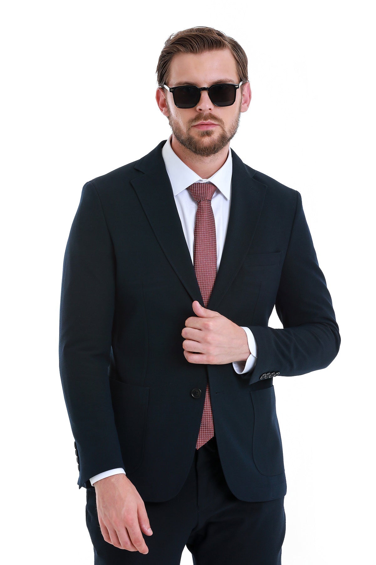 Slim Fit Notch Lapel Plain Navy Casual Suit - MIB