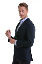 Slim Fit Notch Lapel Plain Navy Linen Casual Blazer - SAYKI