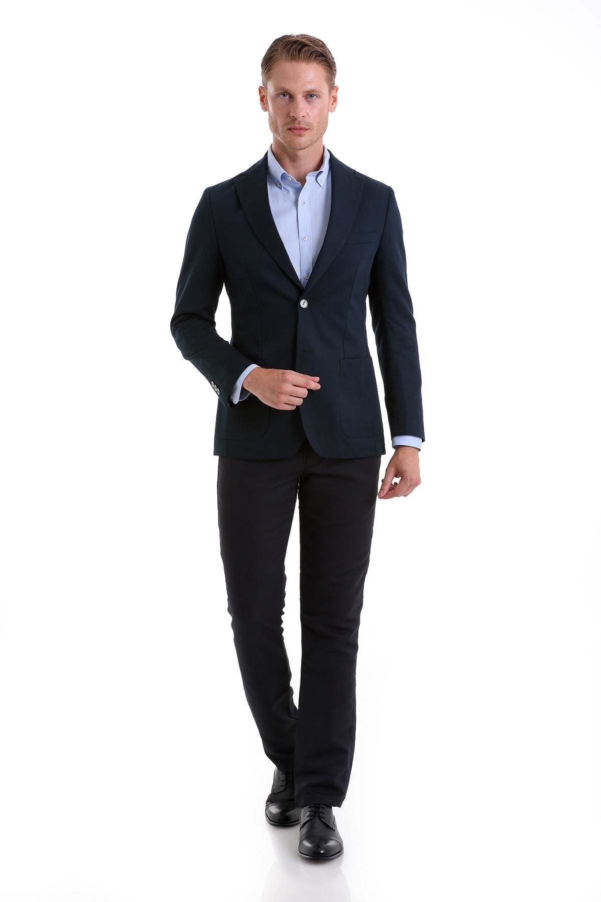 Slim Fit Notch Lapel Plain Navy Linen Casual Blazer - SAYKI