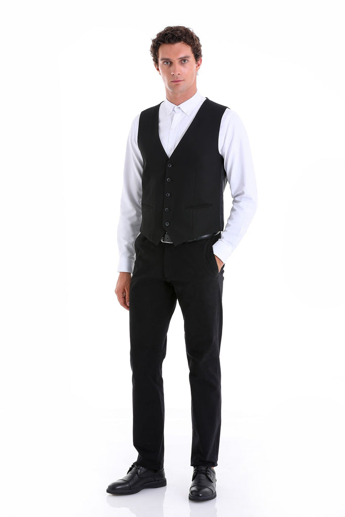 Slim Fit Notch Lapel Plain Vest Black - MIB