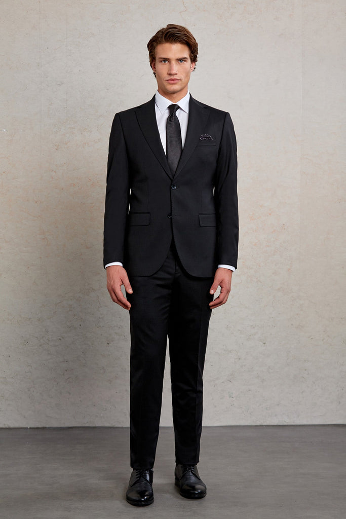 Slim Fit Notch Lapel Plain Wool Blend Classic Suit Black