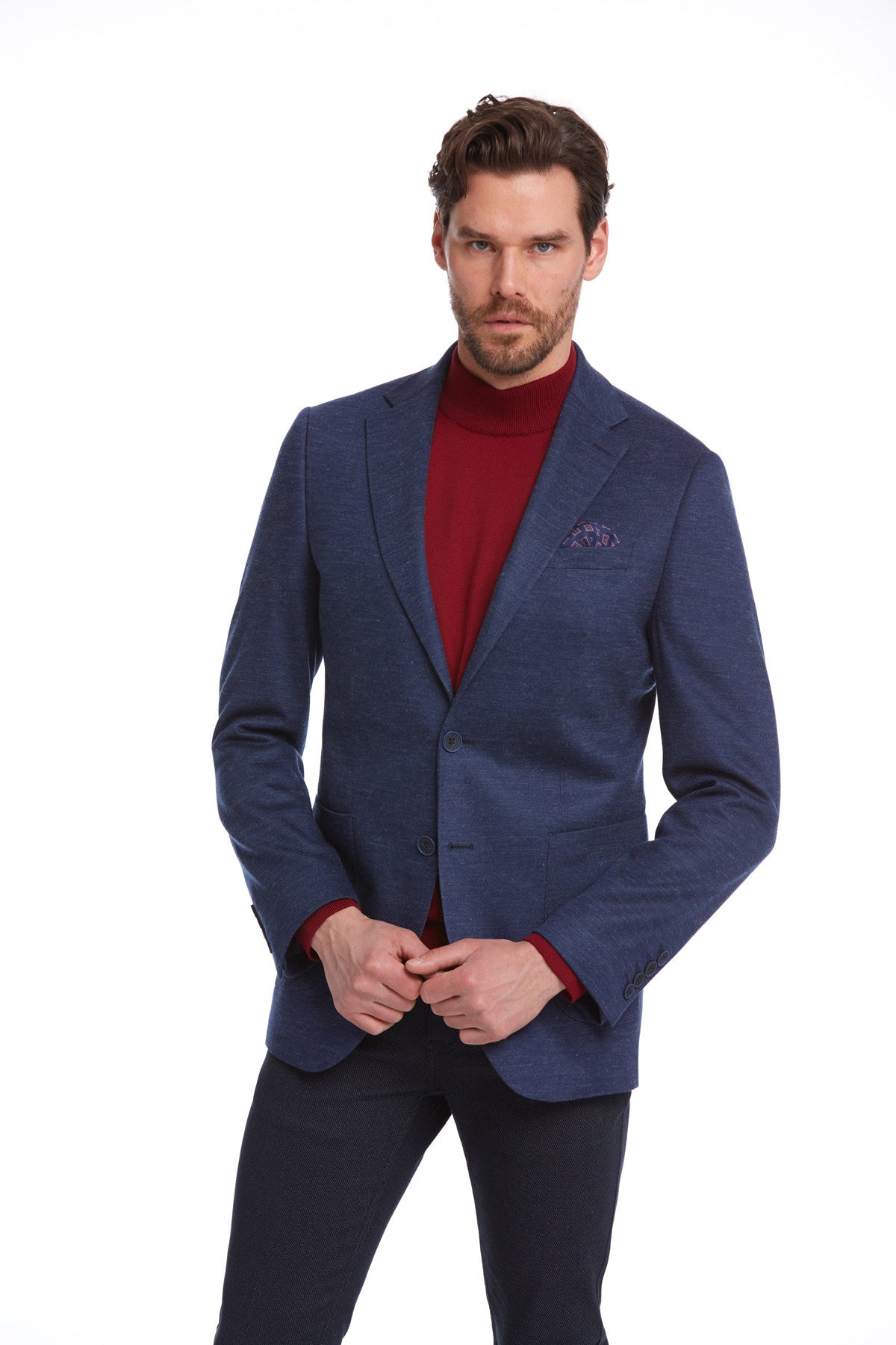 Slim Fit Notch Lapel Plain Wool Blend Navy Casual Blazer