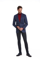 Slim Fit Notch Lapel Plain Wool Blend Navy Casual Blazer