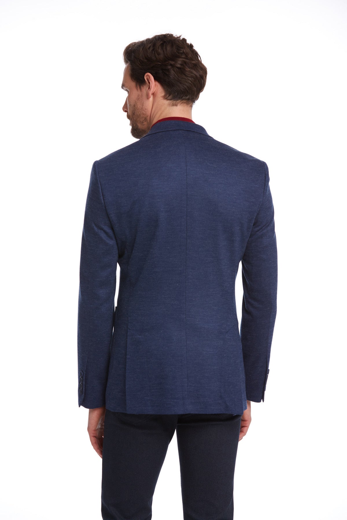 Slim Fit Notch Lapel Plain Wool Blend Navy Casual Blazer