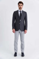 Slim Fit Notch Lapel Plain Wool & Linen Blend Light Gray