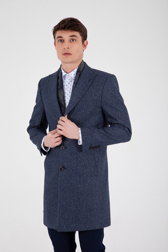 Slim Fit Notch Lapel Rotterdam Wool Navy Overcoat Dark Navy