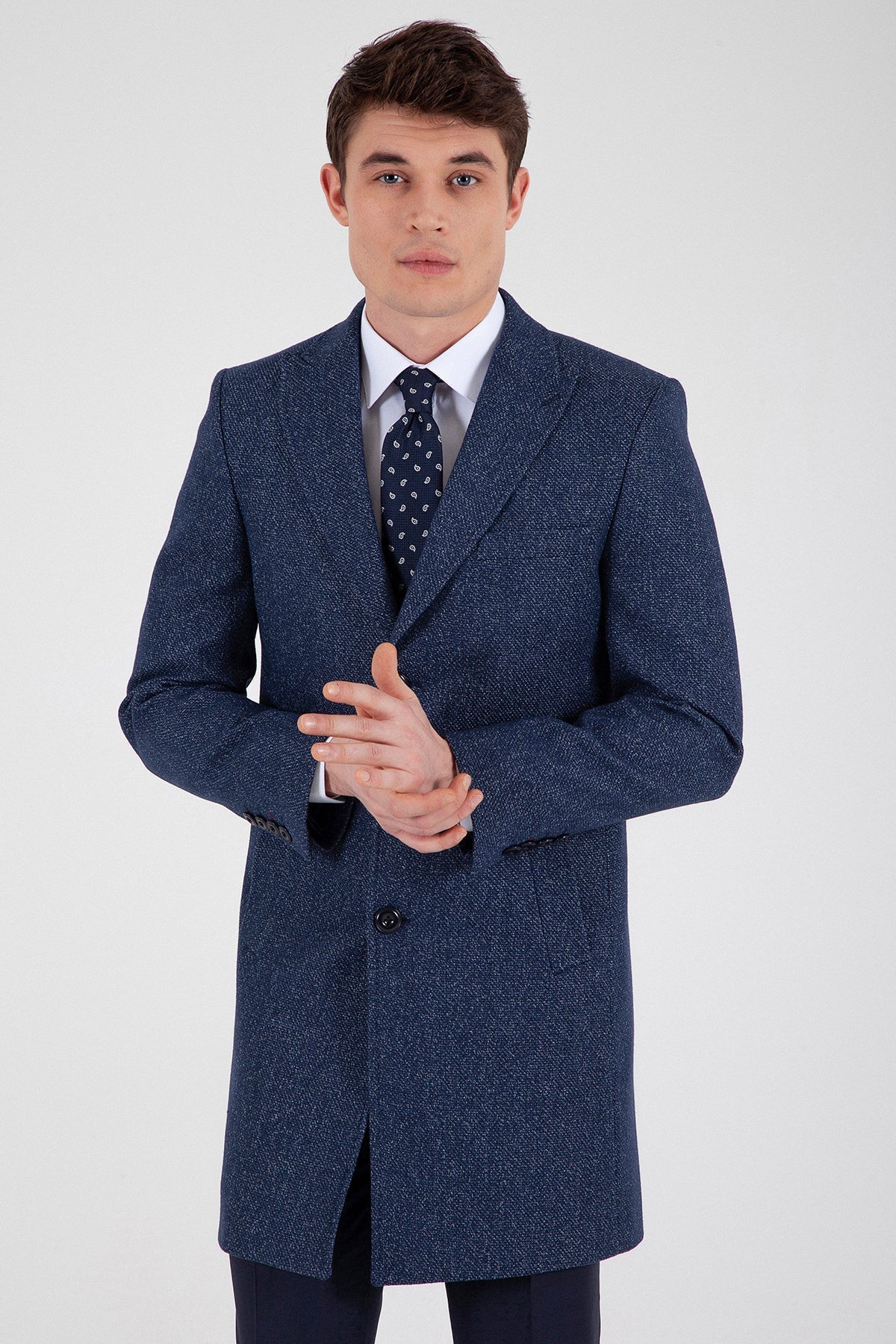 Slim Fit Notch Lapel Rotterdam Wool Navy Overcoat Navy D.