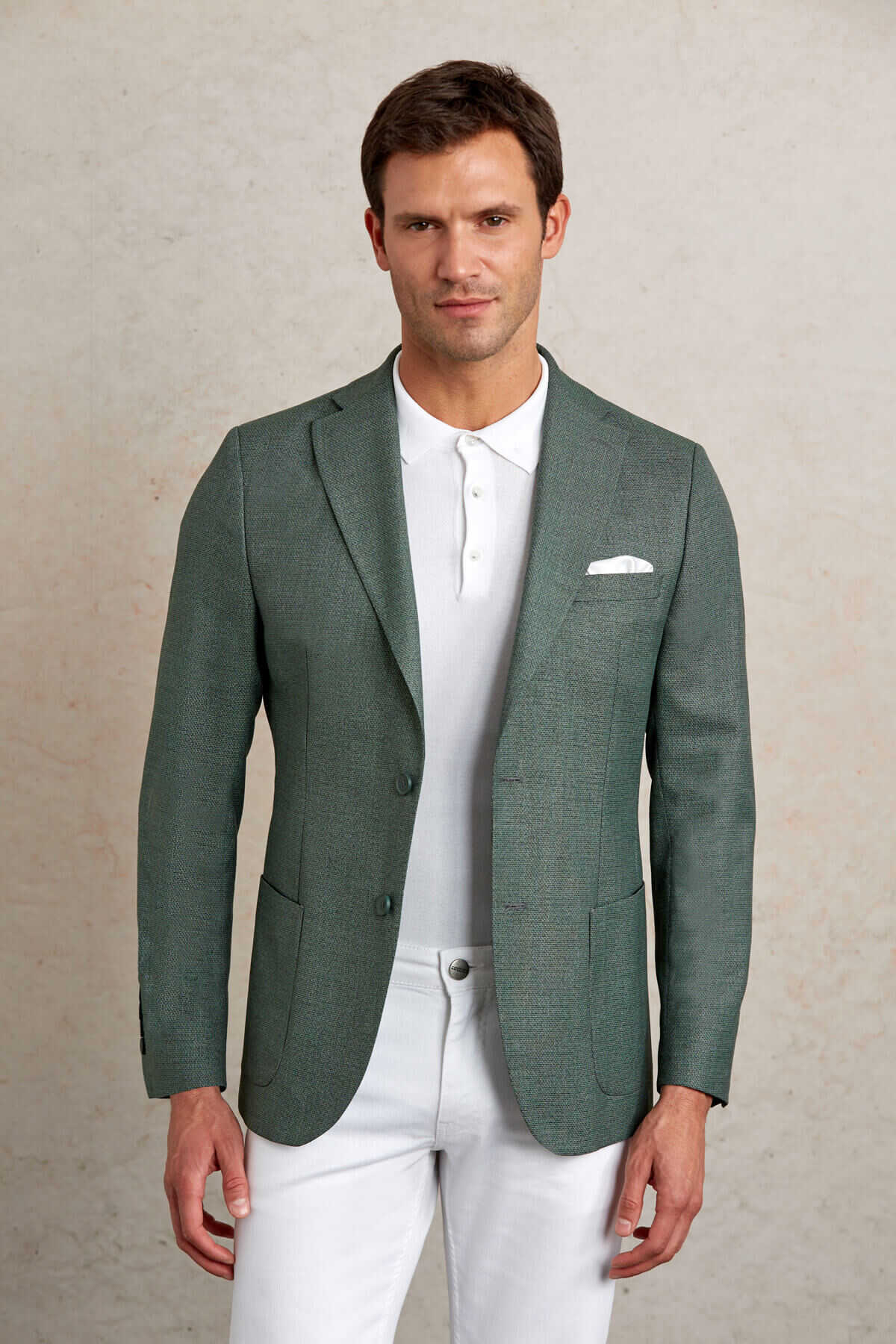 Slim Fit Notch Lapel Textured Green Casual Blazer - SAYKI