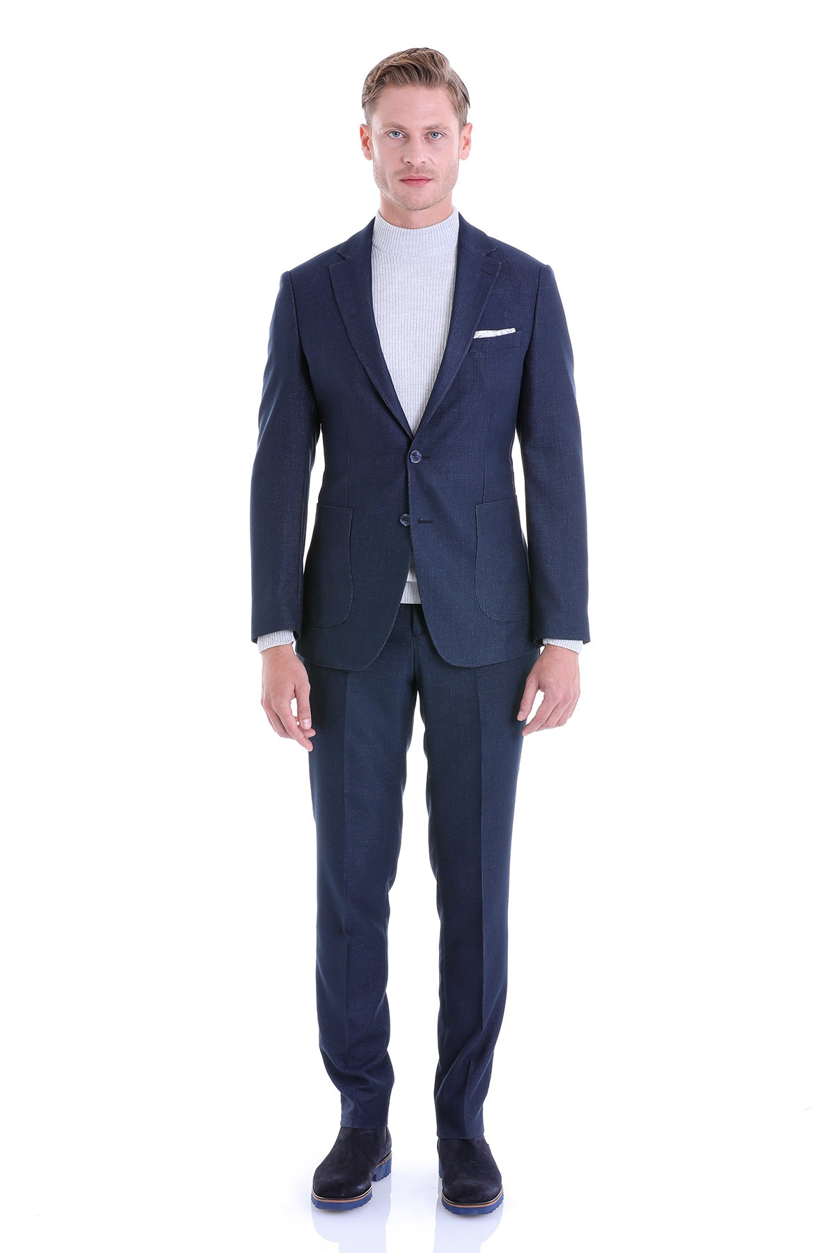 Slim Fit Notch Lapel Textured Navy Casual Suit - MIB