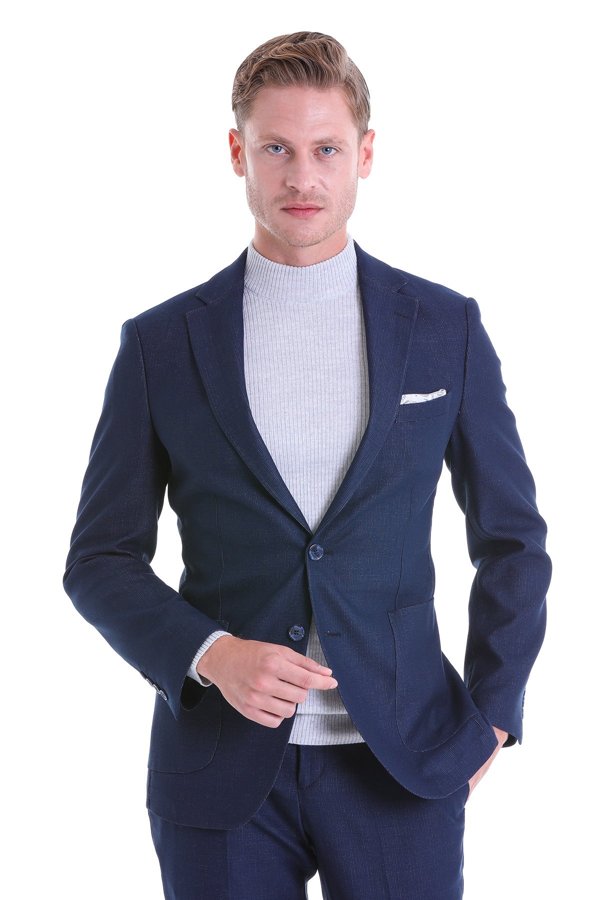 Slim Fit Notch Lapel Textured Navy Casual Suit - MIB