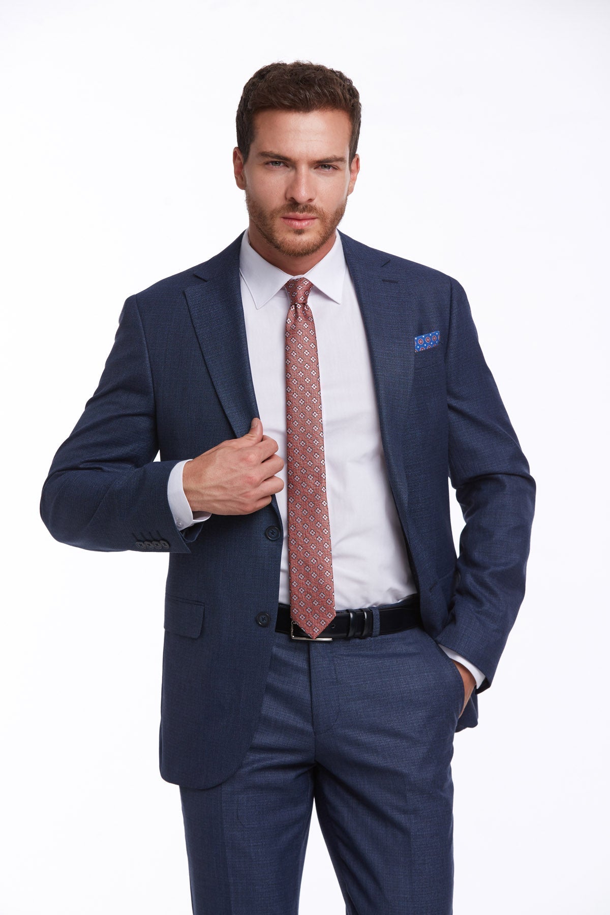 Slim Fit Notch Lapel Textured Navy Classic Suit - MIB